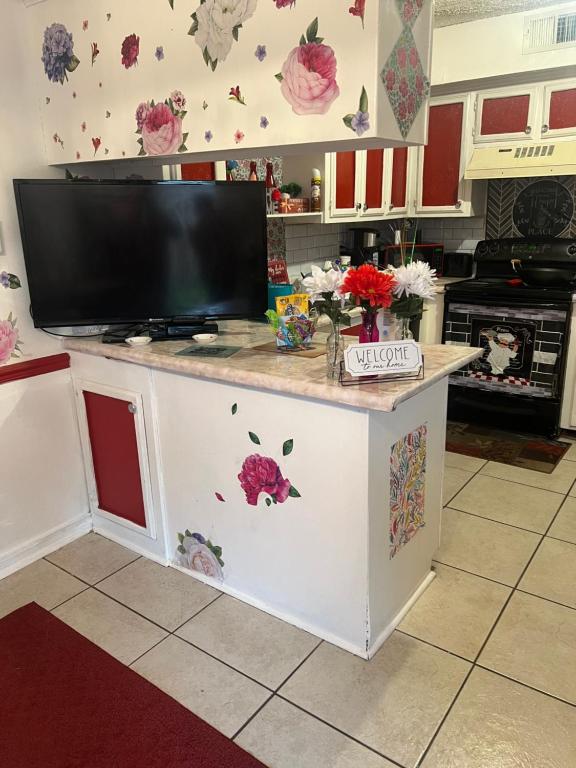 a kitchen with a counter with a tv on it at City Center Home ONeal lane in Baton Rouge