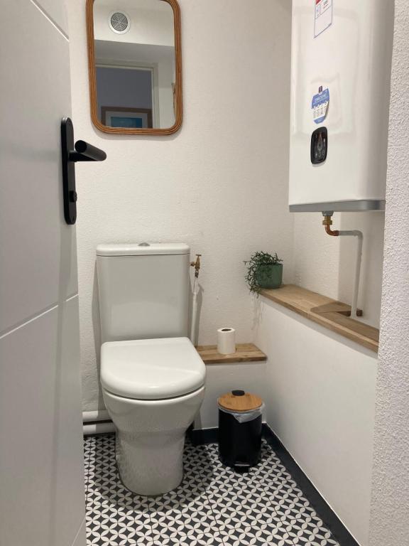 a bathroom with a toilet and a mirror at Tropical Duplex : Bord de mer + Piscine in Frontignan