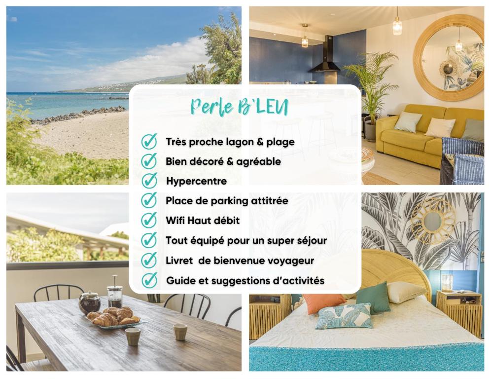 a collage of pictures of a room with a beach at * PERLE B'LEU * Hypercentre * Lagon * Plage * in Saint-Leu