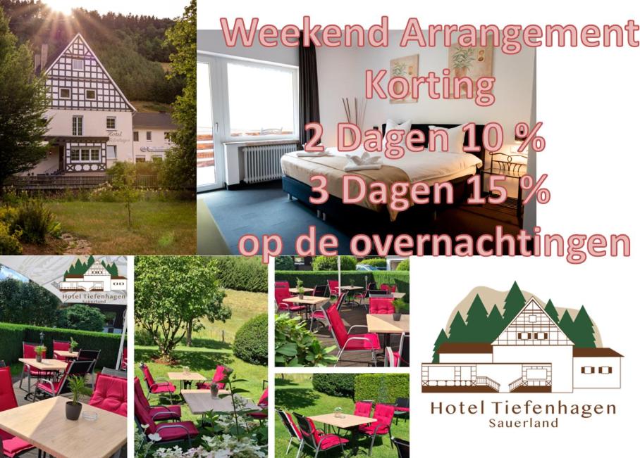 un collage de fotos de una casa con muebles rojos en Hotel Tiefenhagen Sauerland en Lennestadt