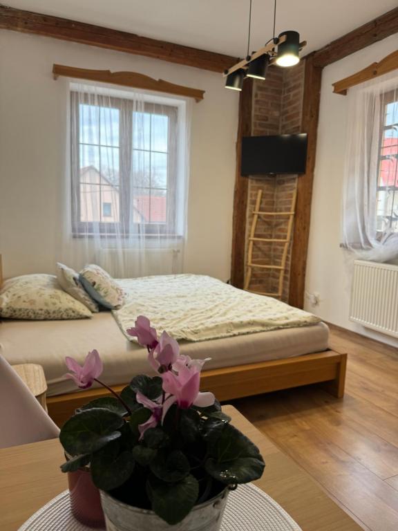 ein Schlafzimmer mit einem Bett und einer Topfpflanze auf einem Tisch in der Unterkunft Penzion Hrádecký Dvůr in Pilsen