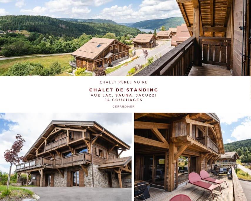 un collage de dos fotos de una cabaña de madera en Chalet de standing, Jacuzzi, Sauna, Perle Noire, en Gérardmer