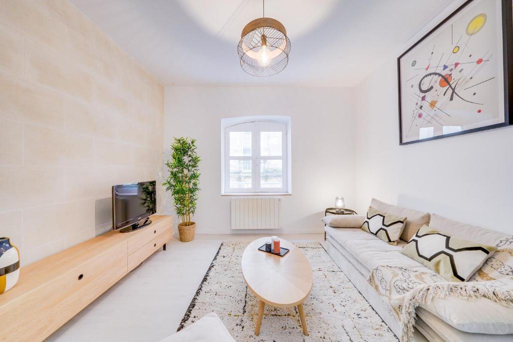 un salon avec un canapé et une télévision dans l'établissement Le Verdé - Bel appt en plein cœur de Bordeaux, à Bordeaux
