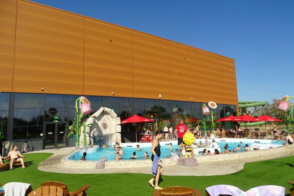 a group of people in a pool in front of a building at La maison de Timao in Hannut