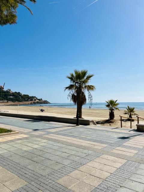 una playa con palmeras y una playa de arena en Apartamento Torremar Playa, en Benicàssim