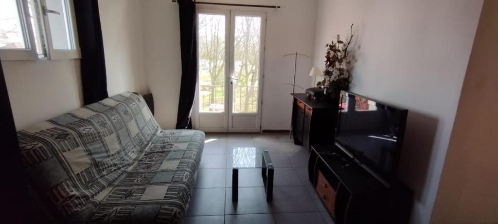 salon z kanapą i telewizorem w obiekcie Studio face verdure w mieście Montreuil