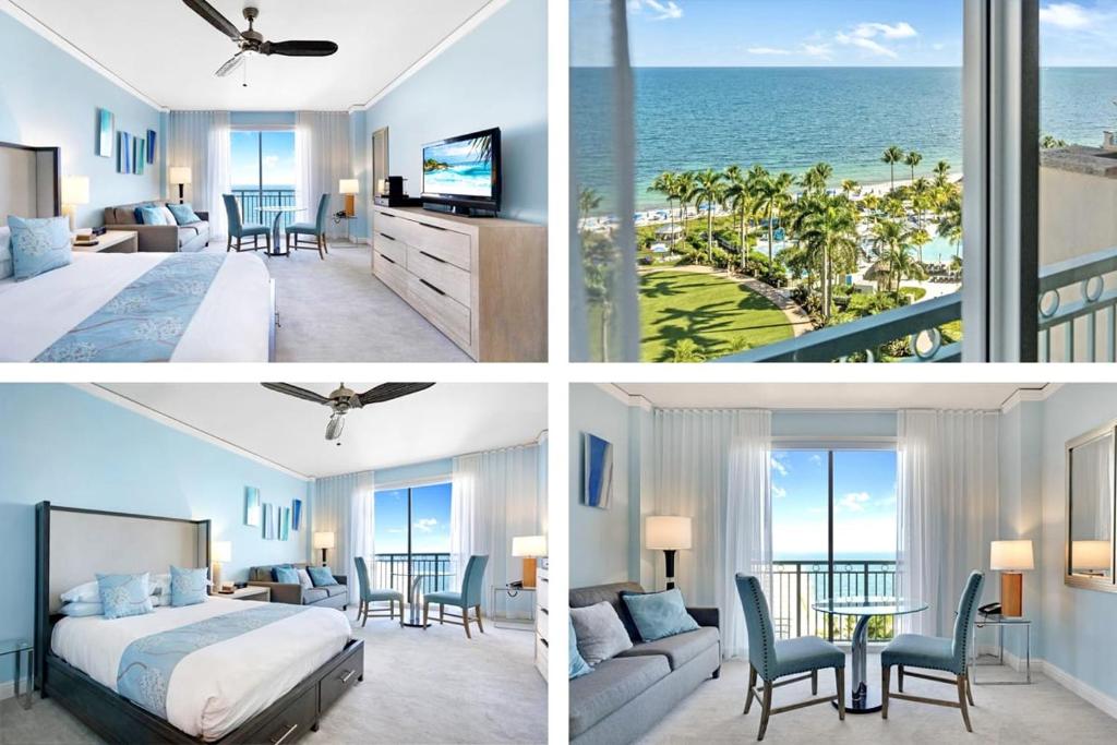 マイアミにあるThe Palms, Ocean View Studio Located at Ritz Carlton - Key Biscayneのベッド付きのホテルルームで、海の景色を望めます。