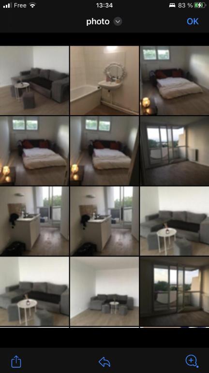 un collage de photos d'une chambre avec un canapé et une table dans l'établissement Appartement terrasse villepinte Parc des Expositions Rer b, à Villepinte