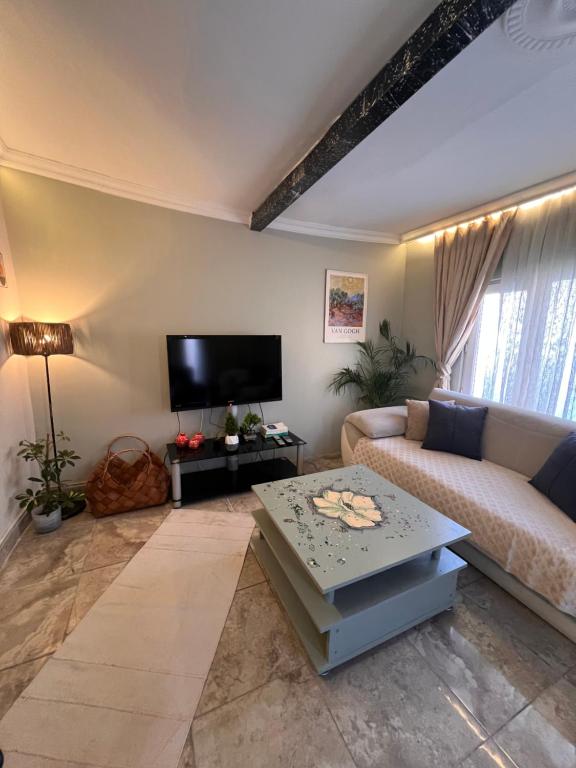 ein Wohnzimmer mit einem Sofa und einem TV in der Unterkunft Cozy dublex in city center, 3rd floor in Istanbul