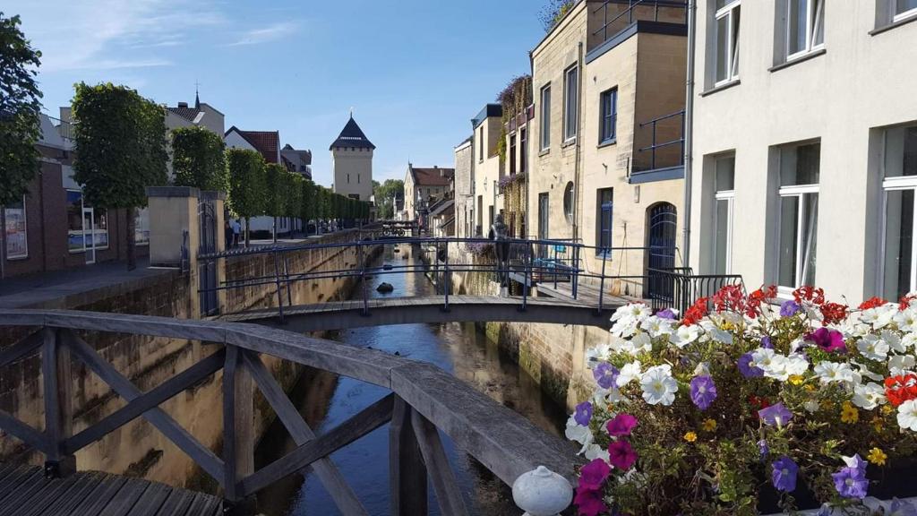 a bridge over a river in a city with flowers at Appartement aan de Geul in Valkenburg