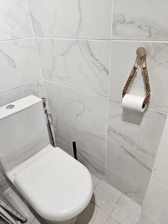 une salle de bain avec des toilettes et un rouleau de papier toilette dans l'établissement COSY BALI, à Bondy