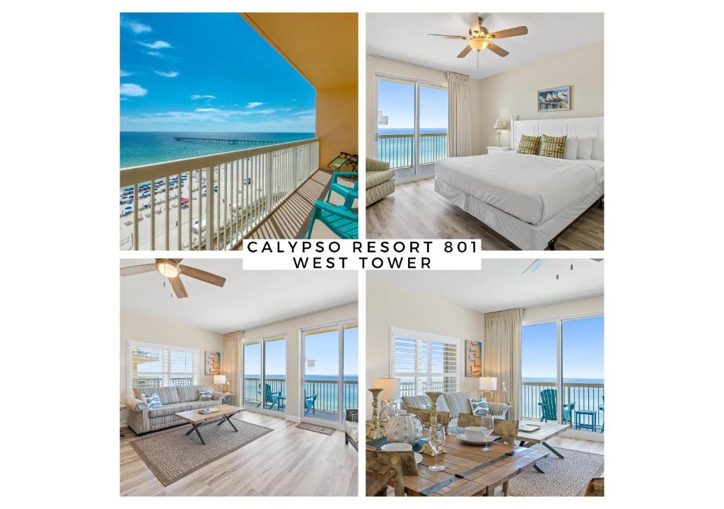 a collage of photos of a bedroom with a view of the ocean at Calypso Resort and Towers #801-W by Book That Condo in Panama City Beach