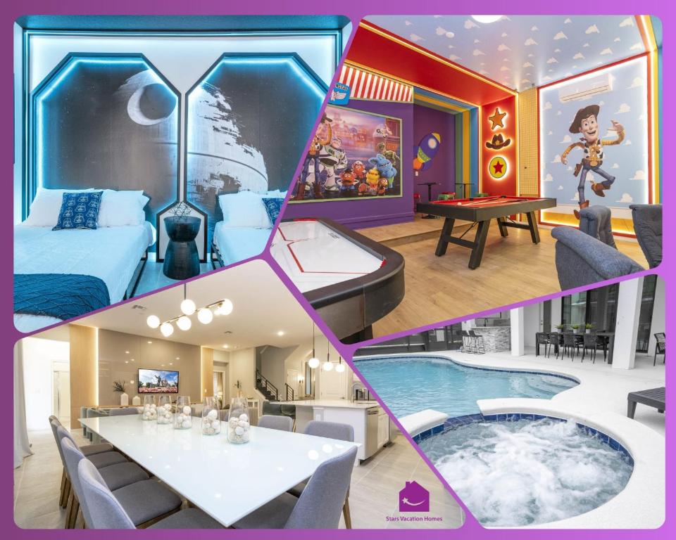 un collage de quatre photos d'une chambre d'hôtel dans l'établissement 6152 Fantastic Spacious Home for Your Family, à Orlando