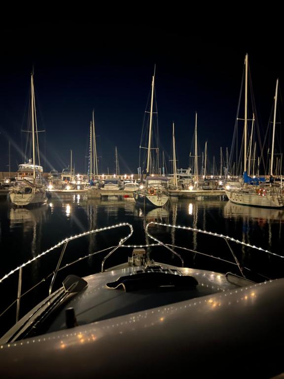 a group of boats docked in a harbor at night at Cosy and Homey Houseboat Castelldefels in Barcelona