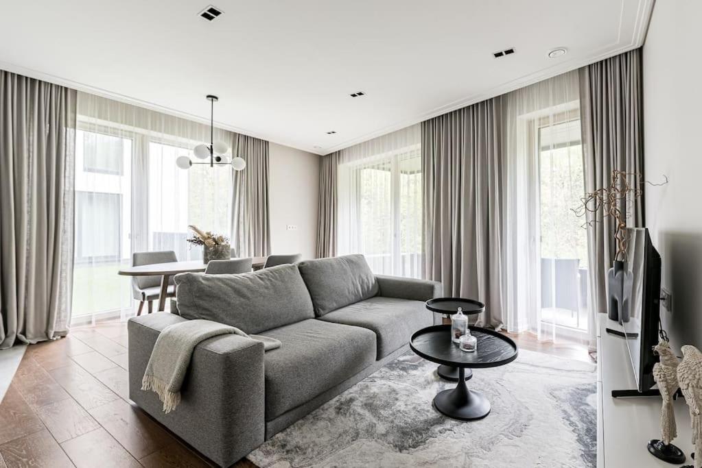 ein Wohnzimmer mit Sofa und Tisch in der Unterkunft Spacious luxury apt w/river view/terrace Paupys in Vilnius