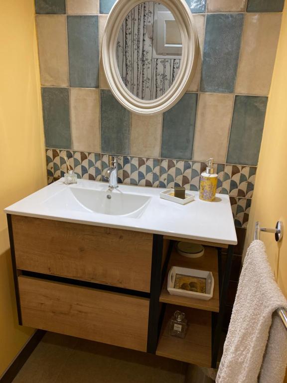 ein Bad mit einem Waschbecken und einem Spiegel in der Unterkunft L’oiseau bleu in Cotignac