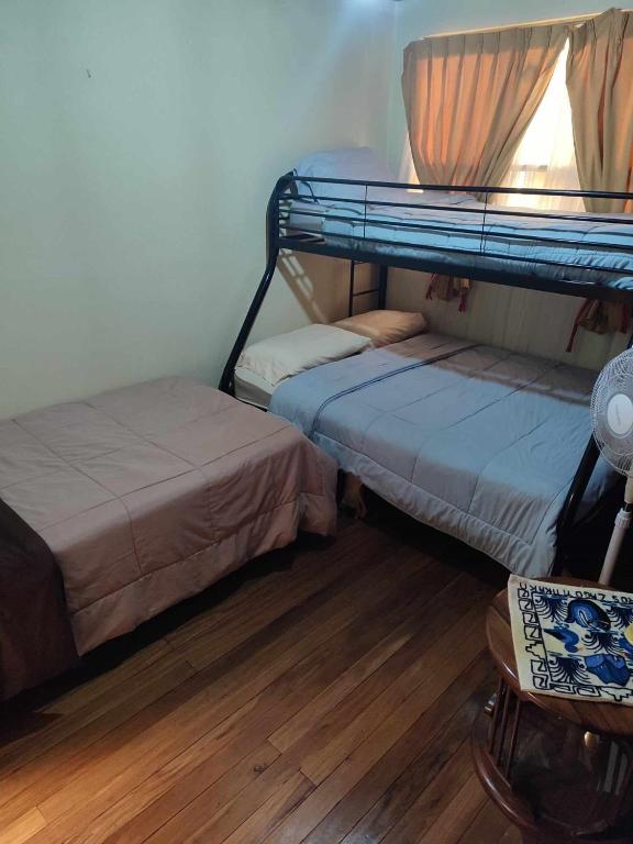 two bunk beds in a room with wooden floors at The Cozy Cactus House Cartago Centro English Spoke in Cartago