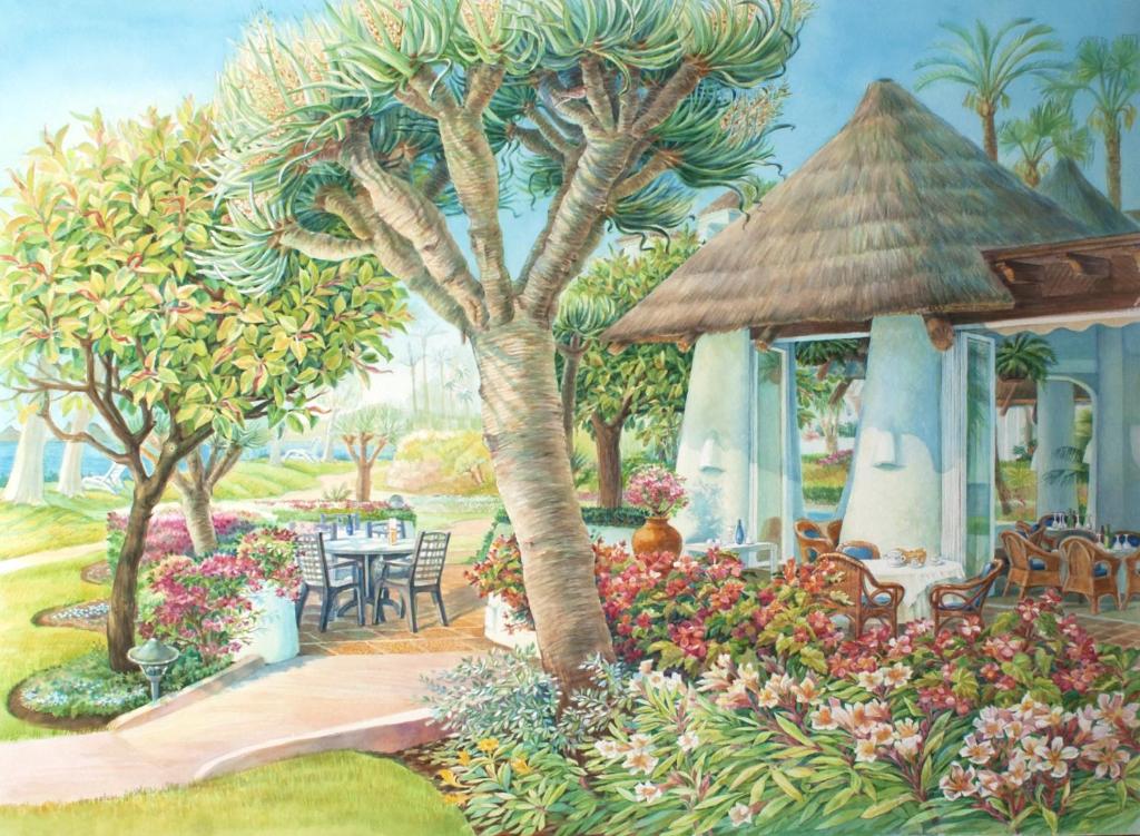 een schilderij van een tuin met een tuinhuisje bij Alcazaba Beach Apartment 3302 in Estepona