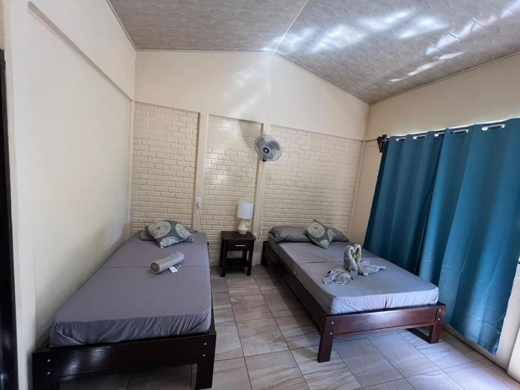 2 Betten in einem Zimmer mit blauen Vorhängen in der Unterkunft The Secret Eco Lodge in Tortuguero
