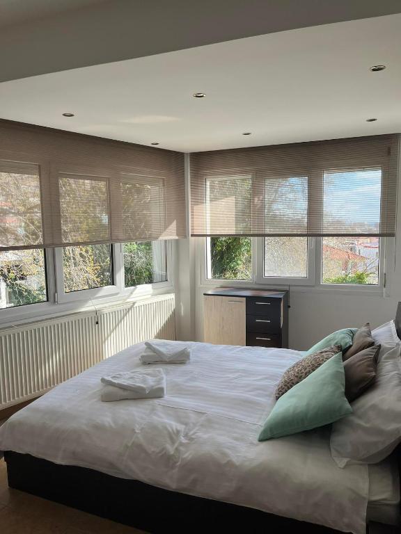 1 dormitorio con 1 cama blanca grande y ventanas en Peaceful Escape en Kavala