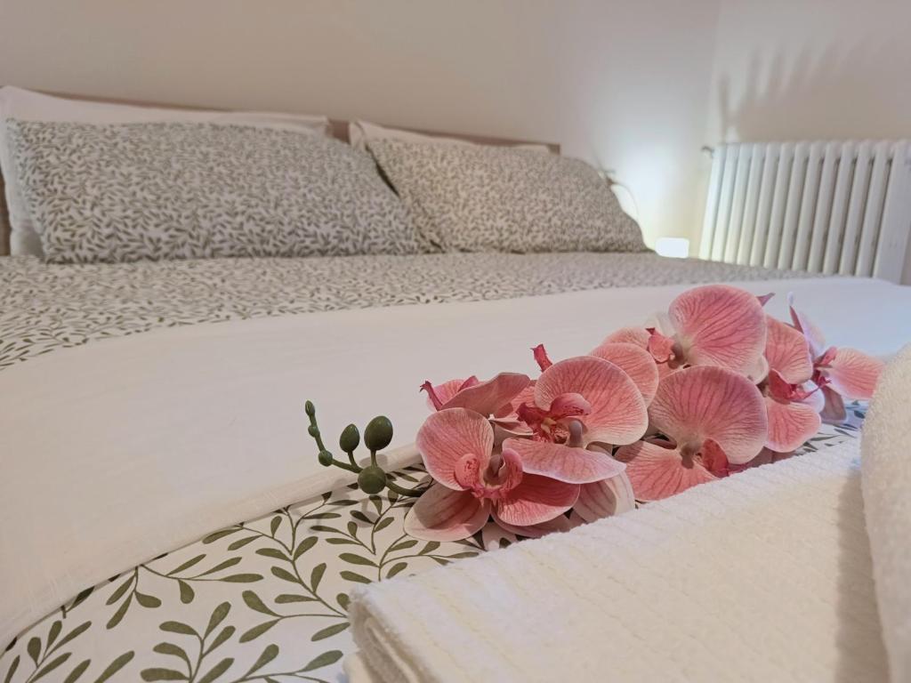 Ein Haufen rosa Blumen auf einem Bett in der Unterkunft il Portichetto in Pescara