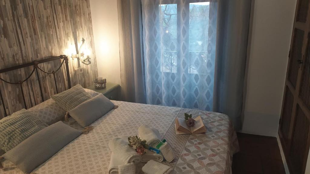 una camera da letto con un letto, asciugamani e una finestra di Cortijo Molino los Justos a Fuentes de Cesna