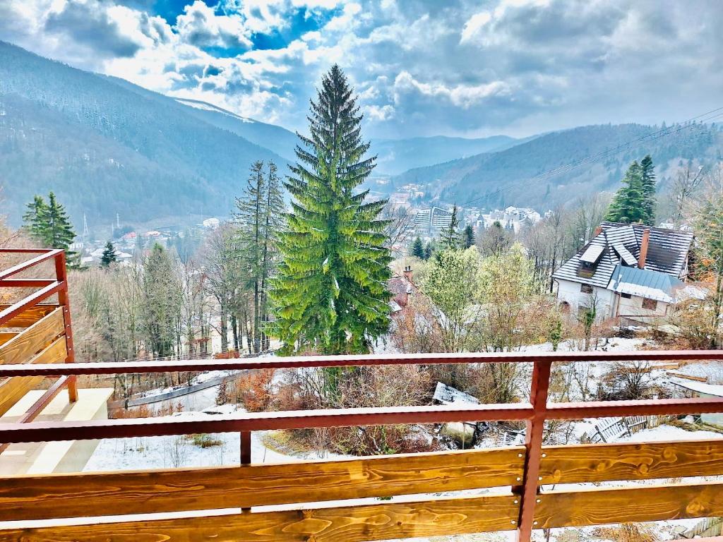 a wooden balcony with a view of a mountain at Stone House Sinaia in Sinaia