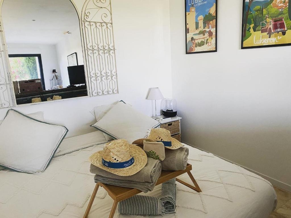 ein Wohnzimmer mit einem Tisch mit Hüten darauf in der Unterkunft Terre Luberon in Pertuis