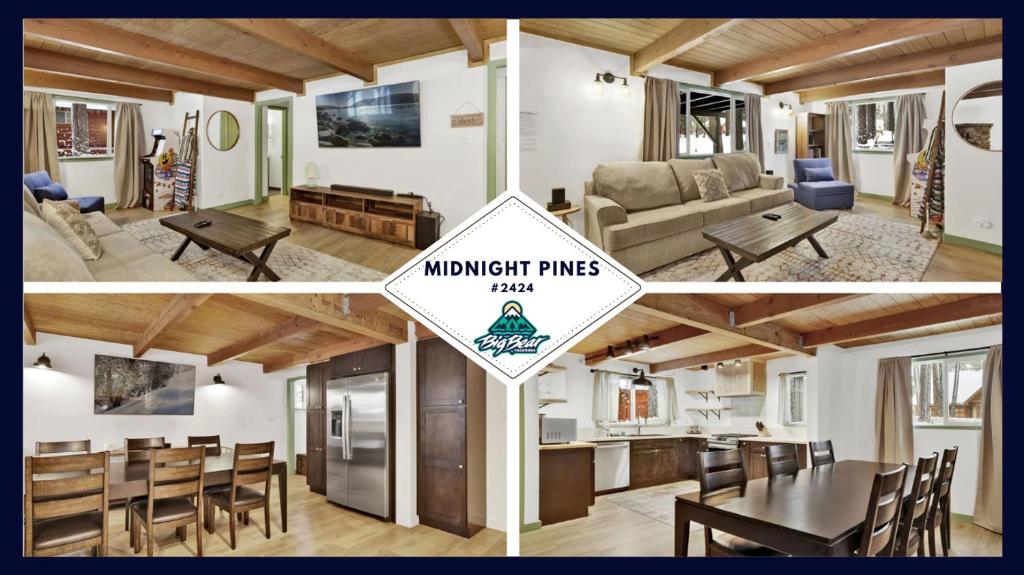 drie foto's van een woonkamer en een eetkamer bij 2424-Midnight Pines cabin in Big Bear Lake