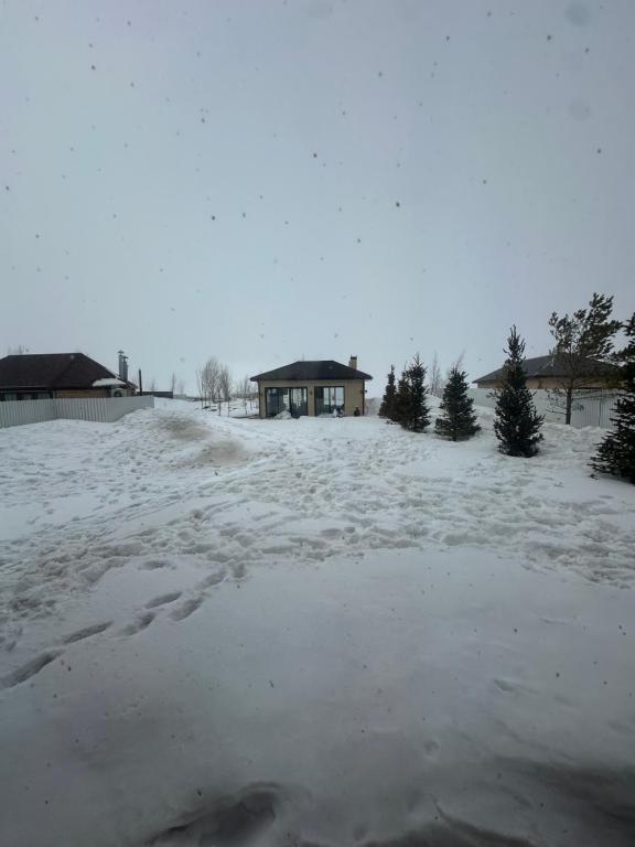 um quintal coberto de neve com uma casa ao fundo em Бозайгыр em Kuprinka