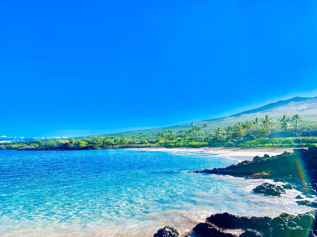 una spiaggia con acqua blu, palme e un arcobaleno di Go Camp Maui-Exploring Maui in a Campervan a Ah Fong Village