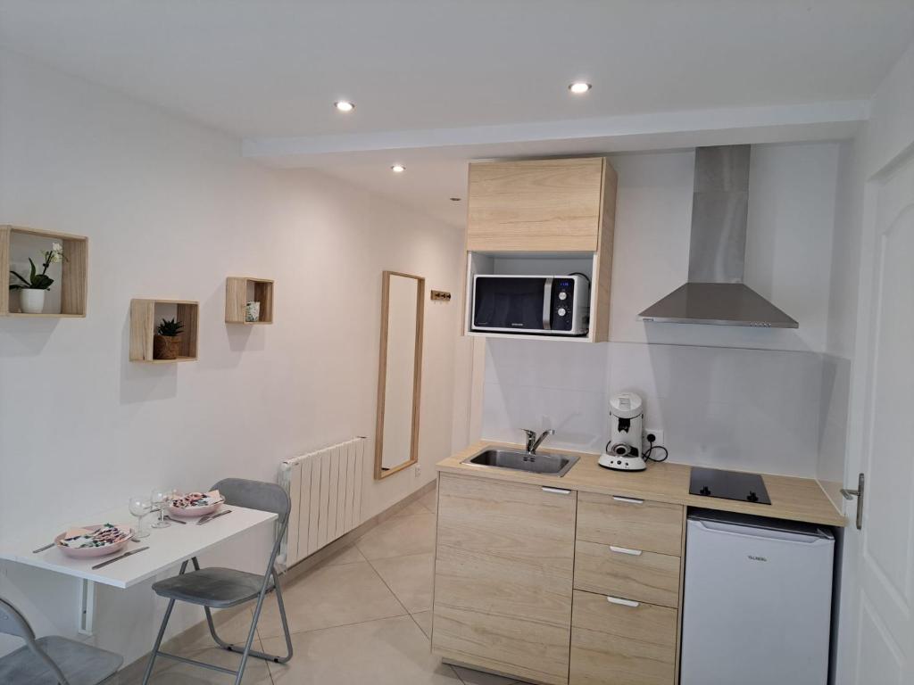 een kleine keuken met een wastafel en een magnetron bij Studio Beauvais in Beauvais