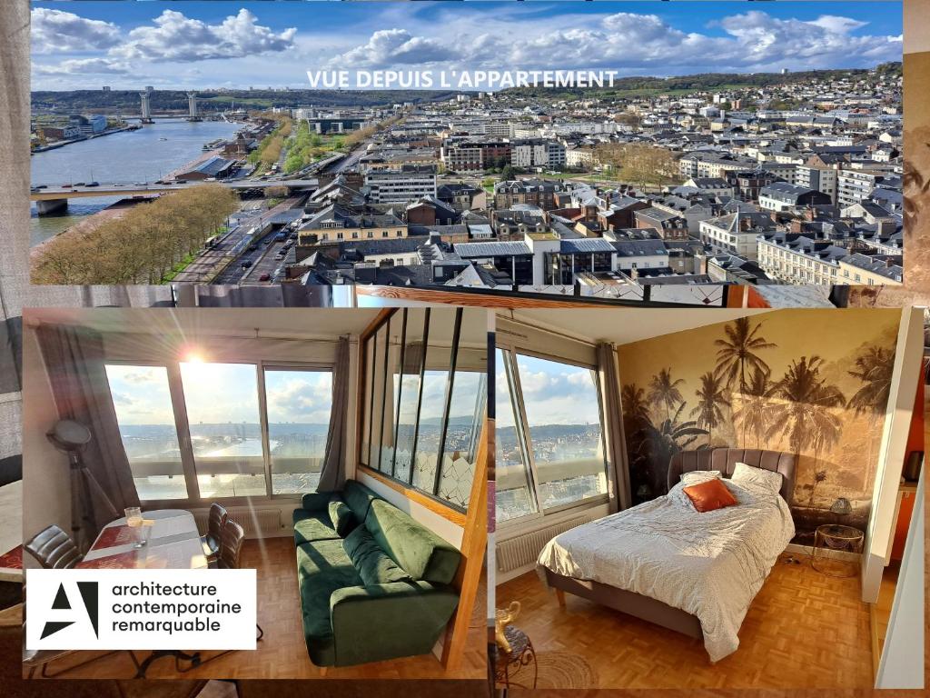 un collage de dos fotos de una habitación de hotel con vistas en Sous les Etoiles - dans le plus haut gratte-ciel avec parking en Ruan