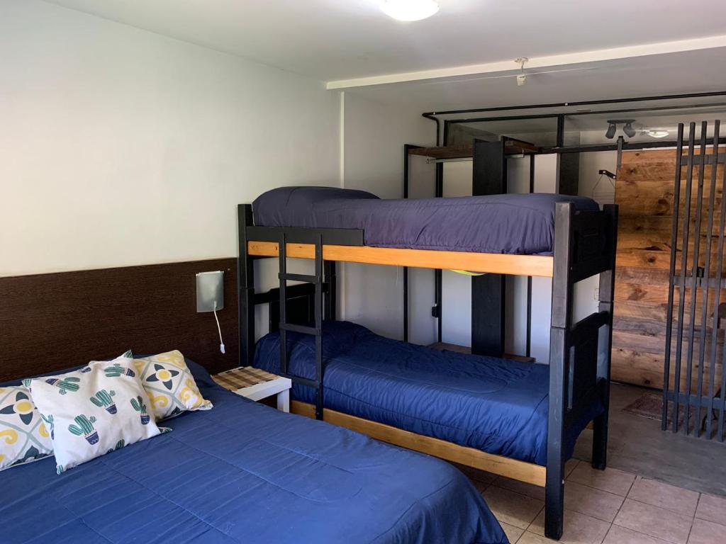 two bunk beds in a room with blue sheets at Go Hostel in Córdoba