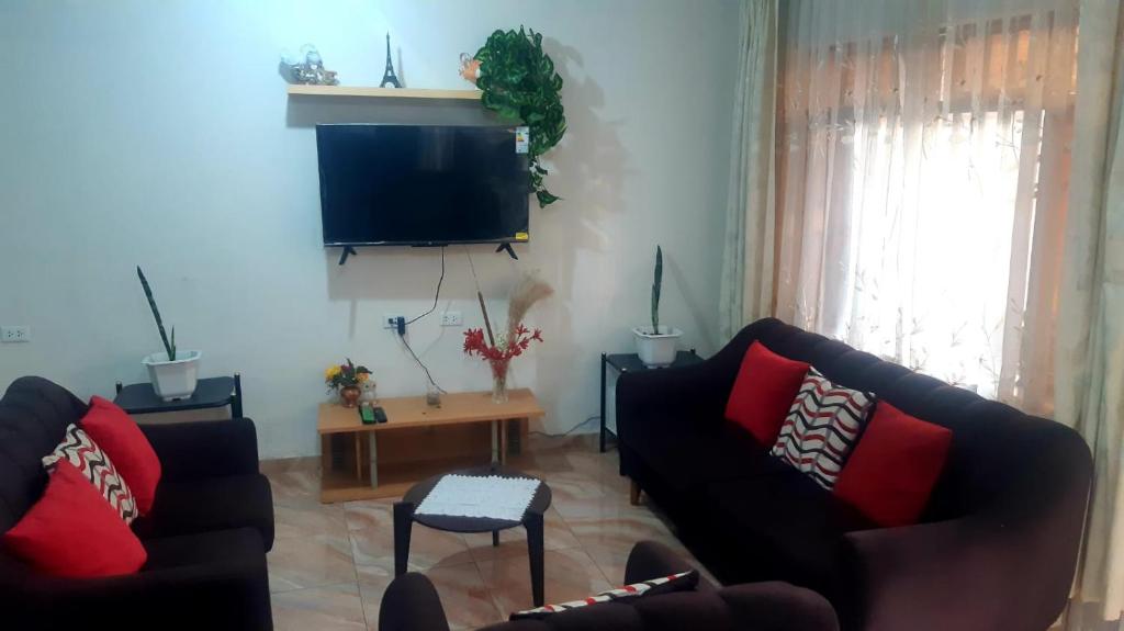 sala de estar con 2 sofás y TV de pantalla plana en Casa para 4-5 personas, en Lima
