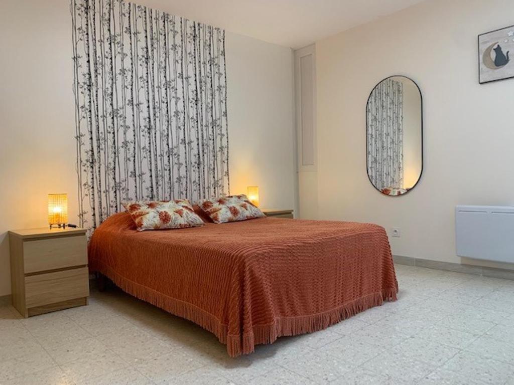 - une chambre avec un lit doté d'une couverture rouge et d'un miroir dans l'établissement Appartement avec Parking, Clim, P. Animaux, Proche Thermes à Balaruc-les-Bains - FR-1-503-11, à Balaruc-les-Bains