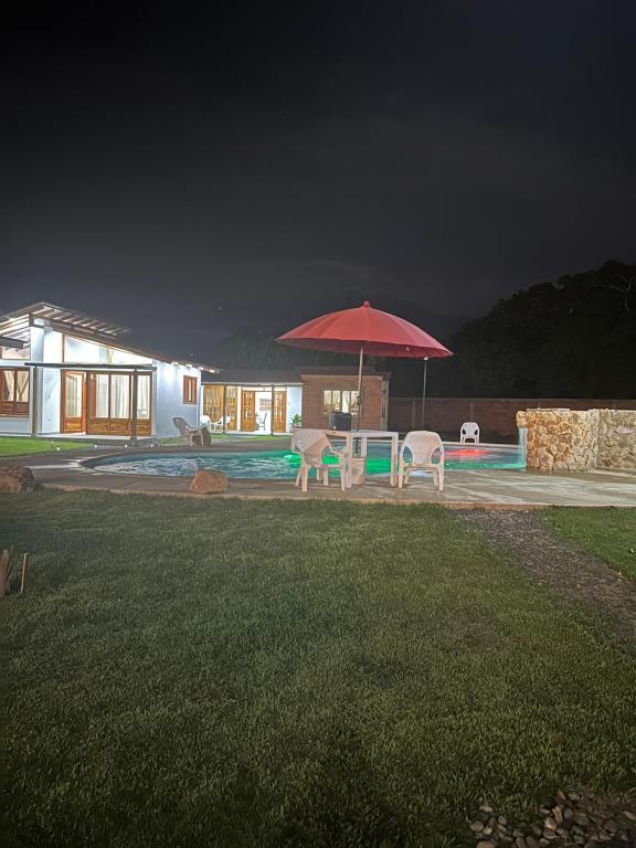 Santa Helena的住宿－Eco Cabañas Montana，一个带红色遮阳伞和椅子的庭院和一个游泳池