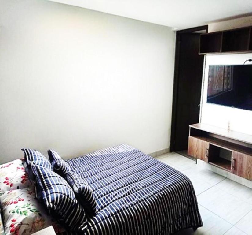 1 dormitorio con 1 cama y TV de pantalla plana en APARTASUITE SILVANIA CON PISCINA Y SAUNA, en Silvania