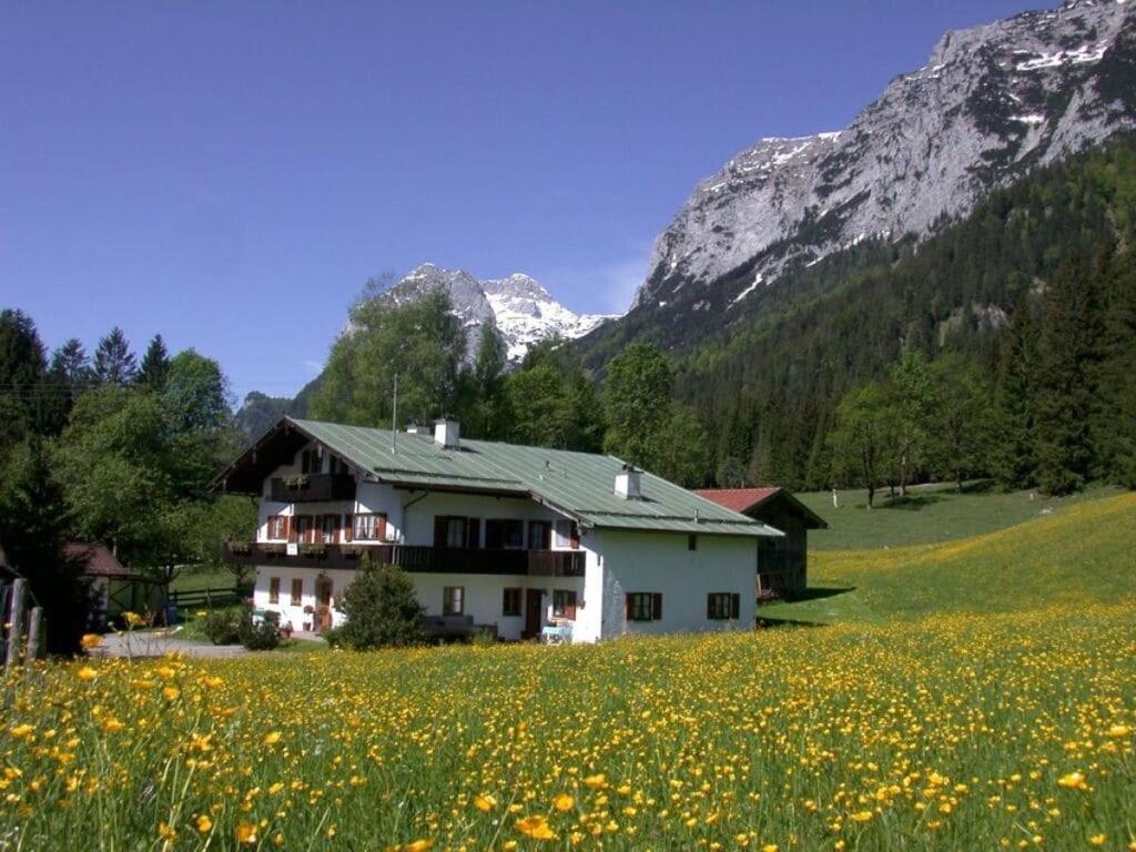uma casa num campo de flores em frente a uma montanha em Haus Brandl Modern retreat em Ramsau