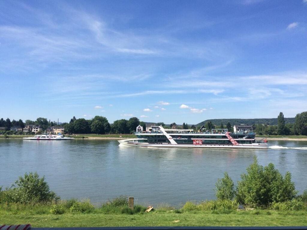 un gran barco en el agua en un río en 5 Rheinblick Modern retreat, en Linz am Rhein