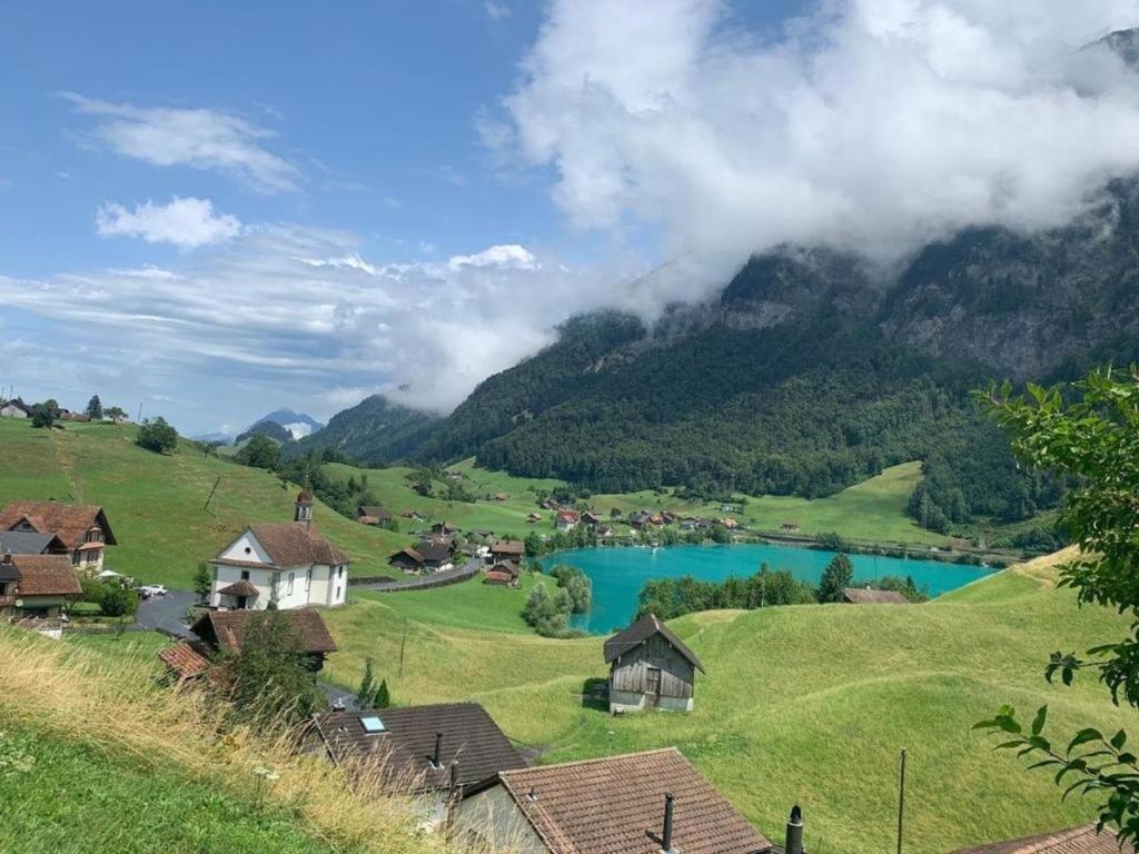 un pueblo en las montañas con un lago azul en Wohnung Bemer-Rempfler - b48555, en Lungern