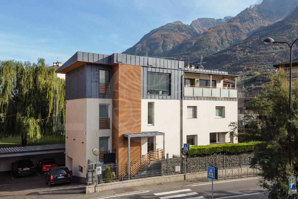 un edificio con montagne sullo sfondo di Le Lion Apartments - Bike & Ski ad Aosta