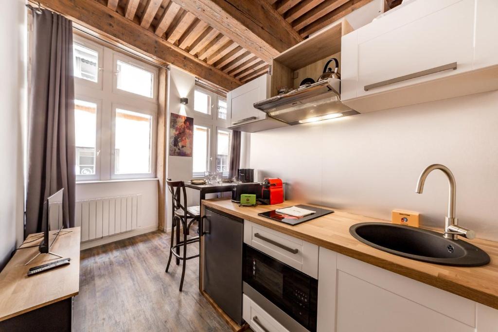 a kitchen with a sink and a counter top at Ideal studio in the heart of Lyon AIL in Lyon