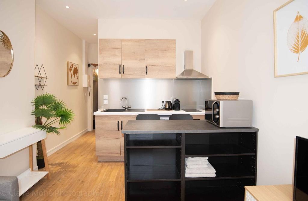 - une cuisine avec un comptoir et un four micro-ondes dans l'établissement Studio du Temple des Jacobins au cœur de Lyon AIL, à Lyon