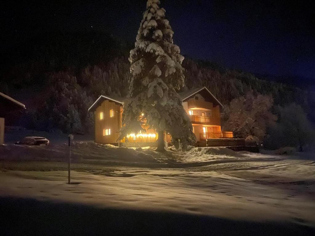 ein Haus mit einem Weihnachtsbaum im Schnee in der Nacht in der Unterkunft Haus Lechner in Gaschurn