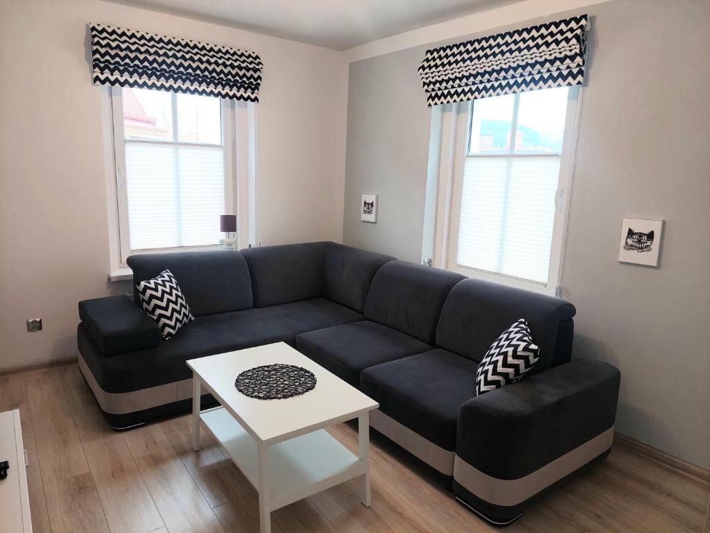 - un salon avec un canapé et une table dans l'établissement Apartament w Centrum, à Duszniki-Zdrój