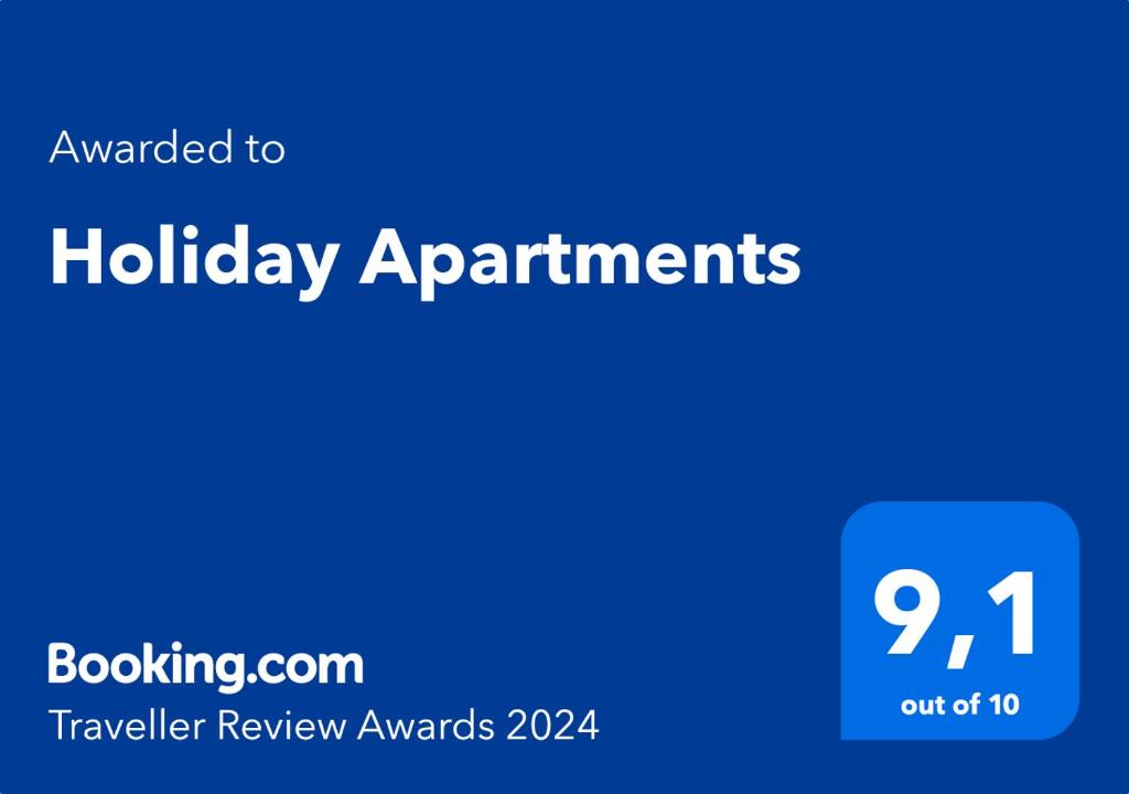 Ett certifikat, pris eller annat dokument som visas upp på Holiday Apartments