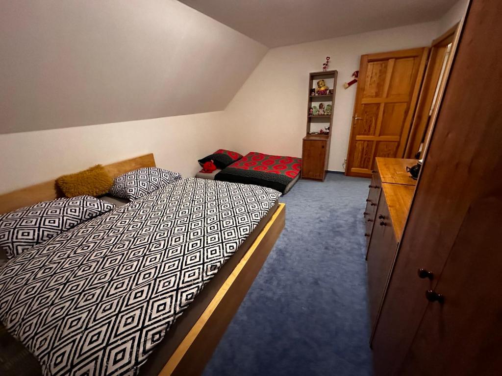 ein Schlafzimmer mit einem Bett und einer Kommode darin in der Unterkunft Cestář in Loučná pod Klínovcem