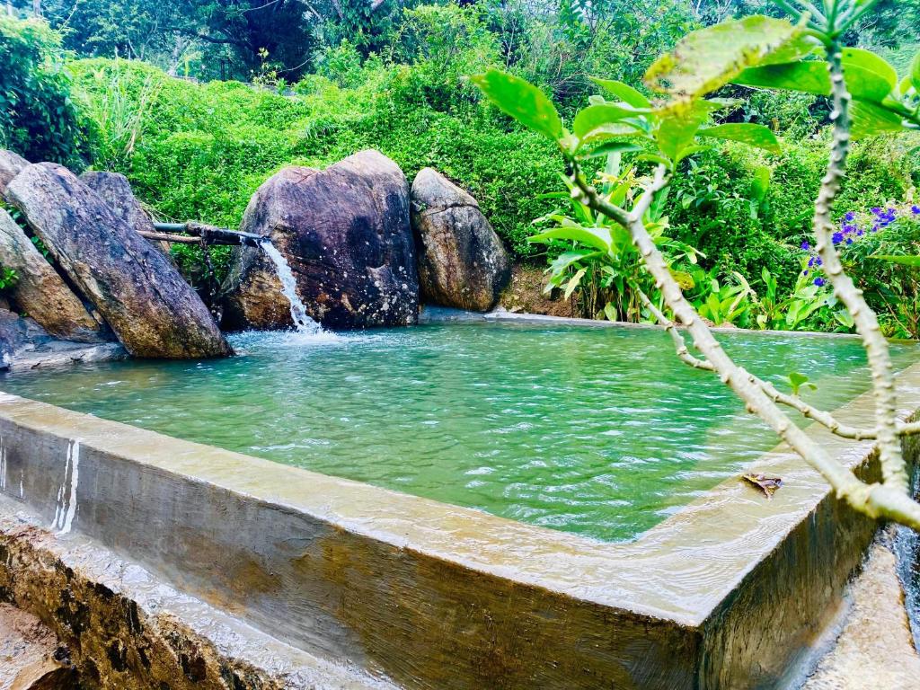 un étang avec une cascade dans un jardin avec des rochers dans l'établissement Eagles view Gongala, à Deniyaya