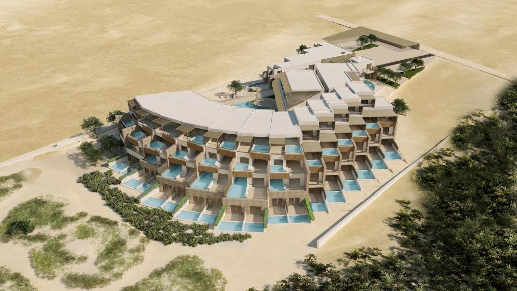 an aerial rendering of a hotel on the beach at Ventale Island Breeze Resort in Kavros